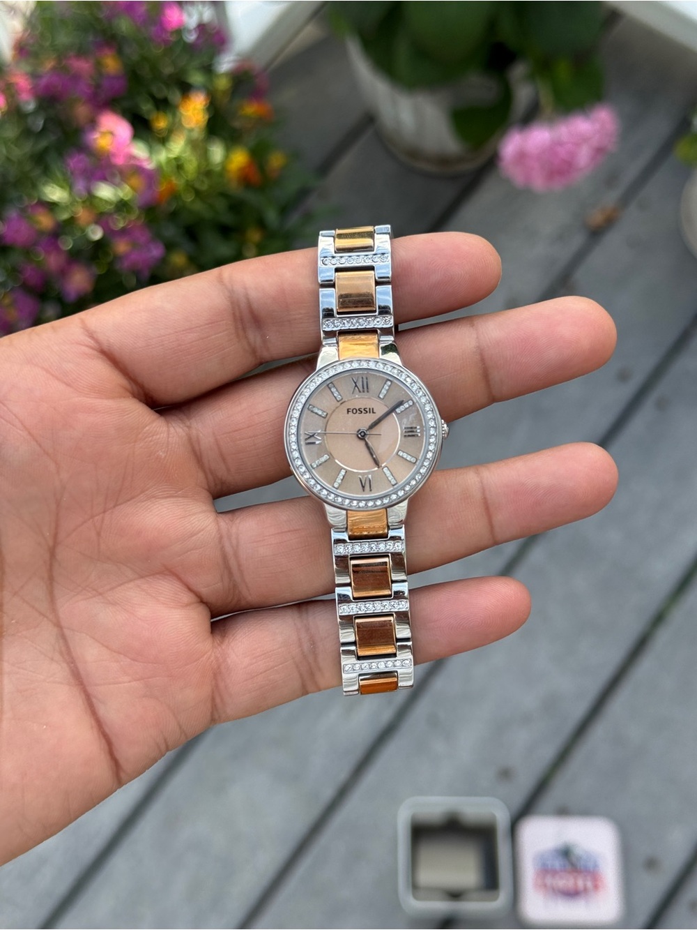 Fossil Two-Tone Rose Gold and Silver Crystal Bracelet Watch Womens - Picture 9 of 11